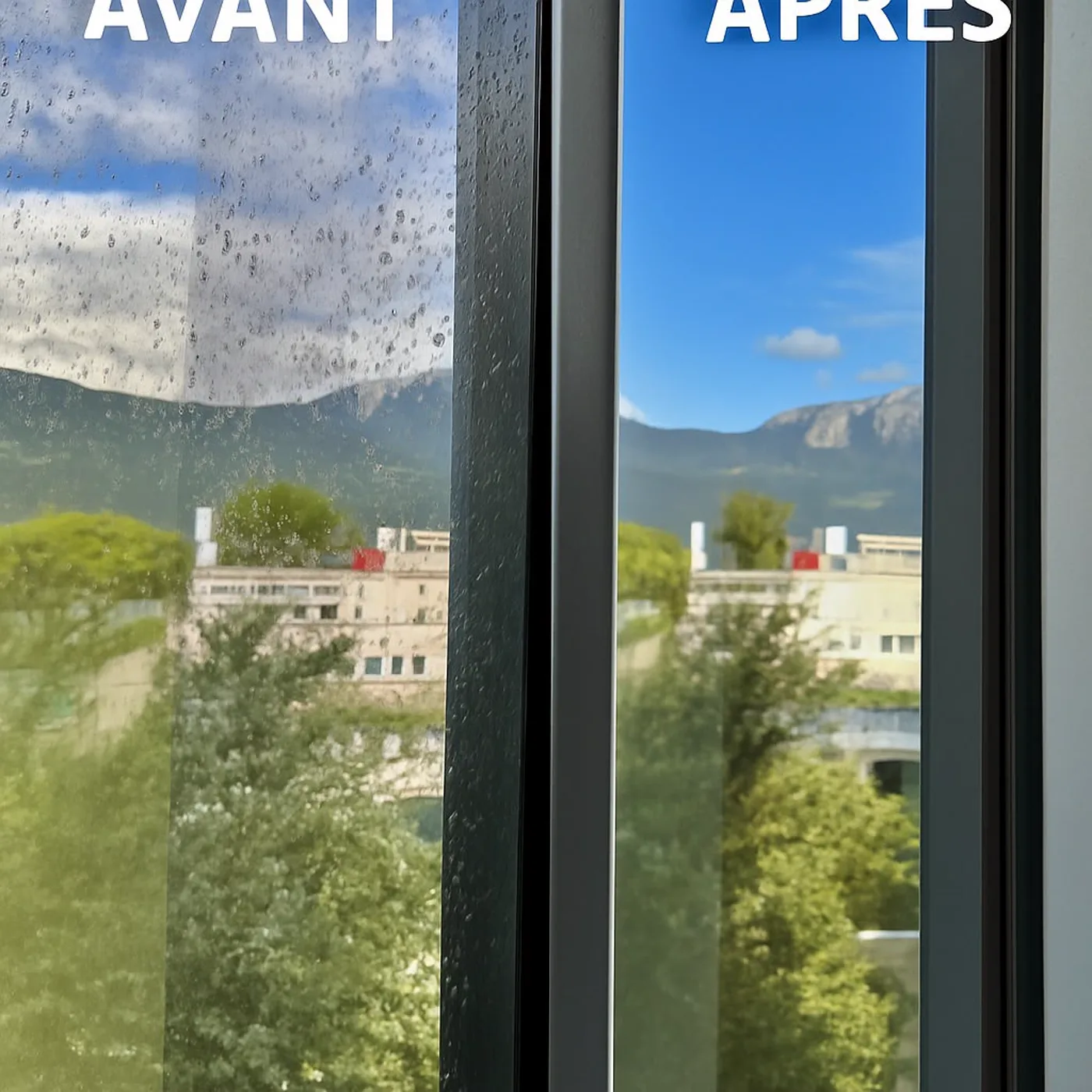 Avant / après remise en état : vitre voilée de calcaire à gauche, parfaitement transparente à droite