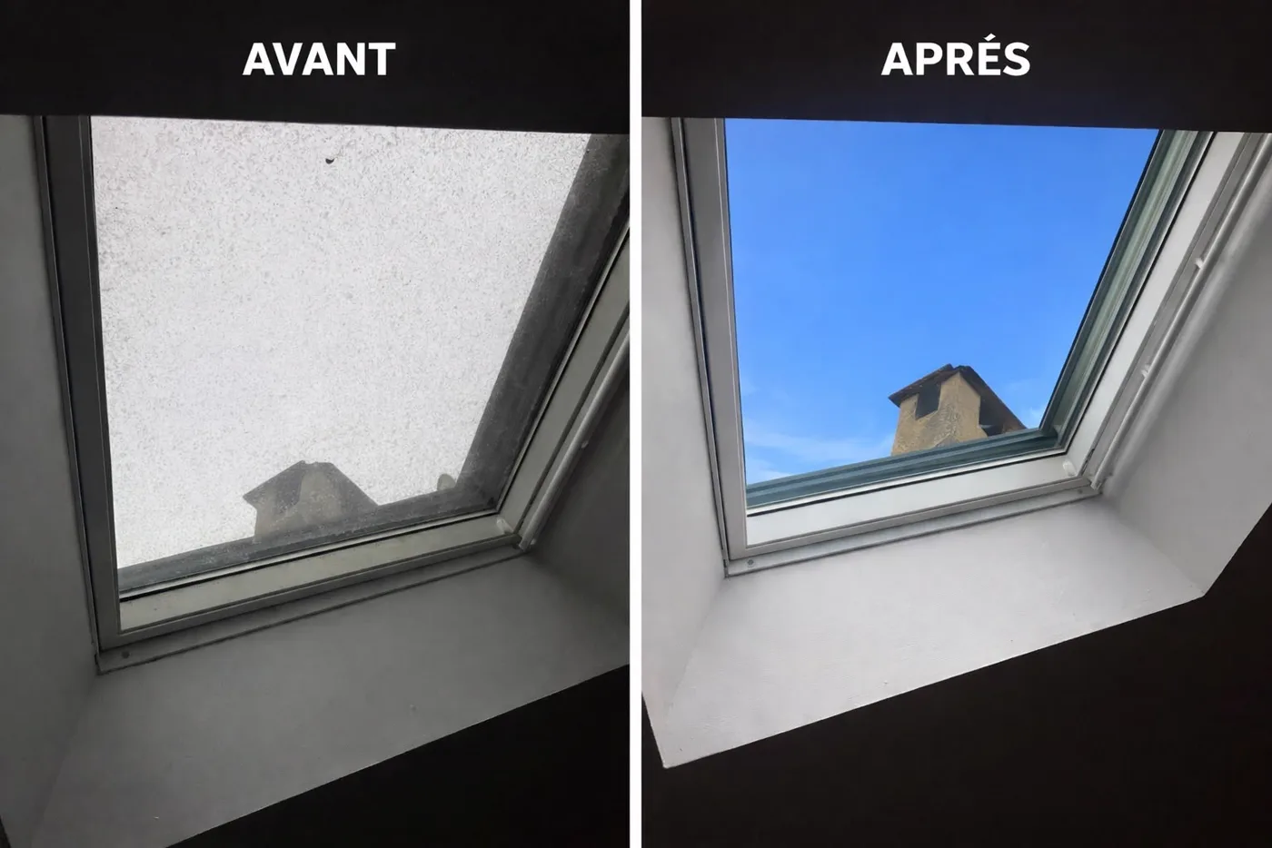 Velux avant / après nettoyage : vitrage opaque devenu limpide, ciel bleu visible