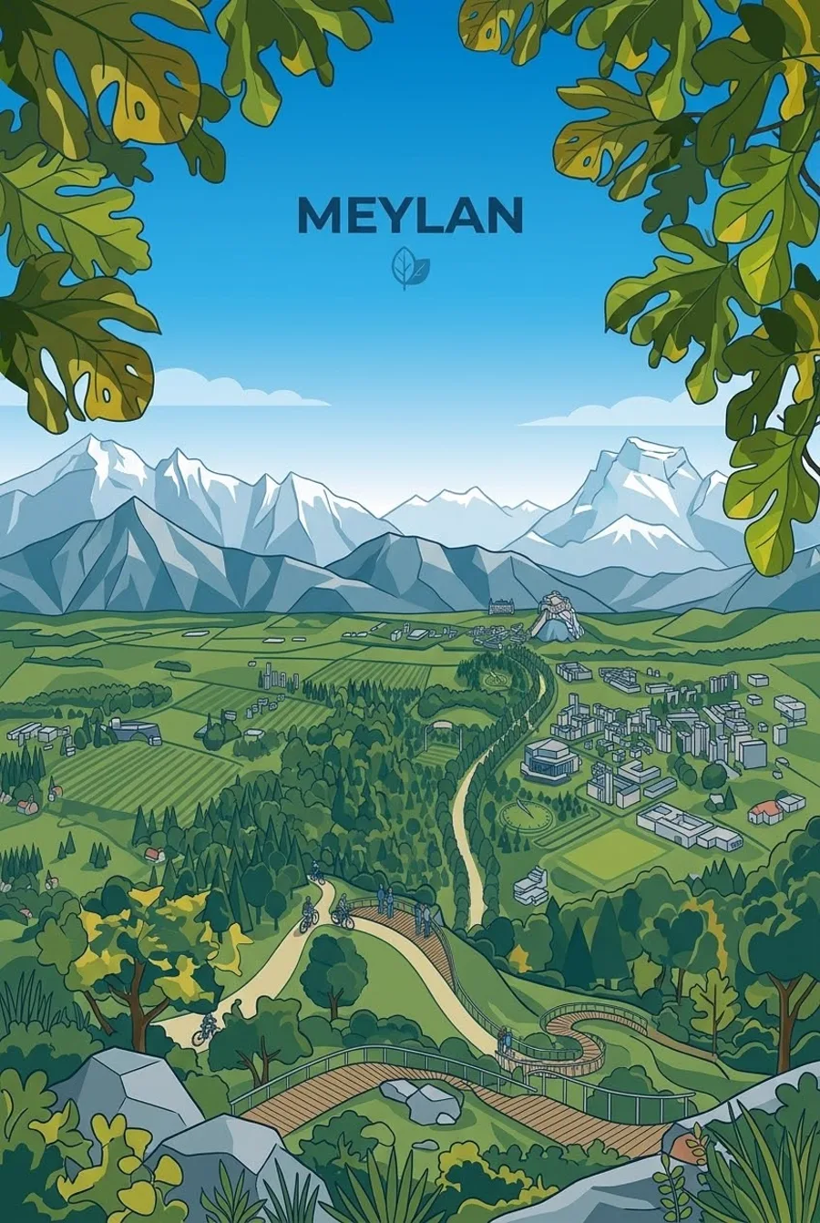Affiche illustrée de Meylan : la vallée du Grésivaudan face aux massifs enneigés