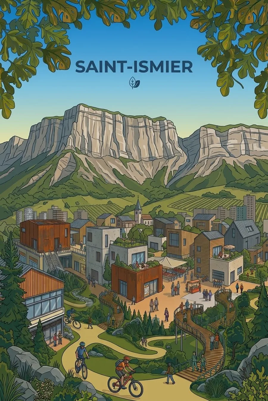 Affiche illustrée de Saint-Ismier sous les falaises de la Chartreuse