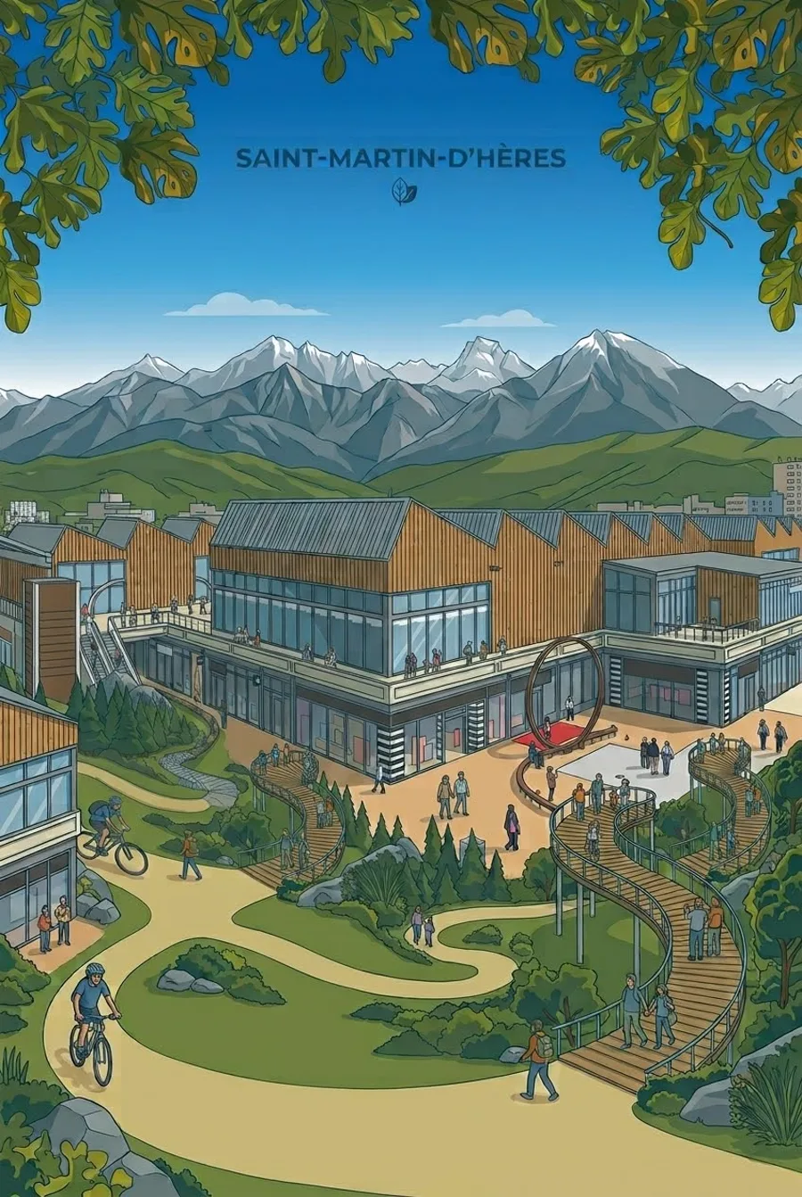 Affiche illustrée de Saint-Martin-d’Hères : le campus et les toits face à Belledonne